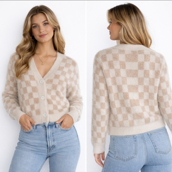 INDUSTRY Sweaters - Industry Fuzzy Check Cardigan Cream Beige Soft Girl Cozy S